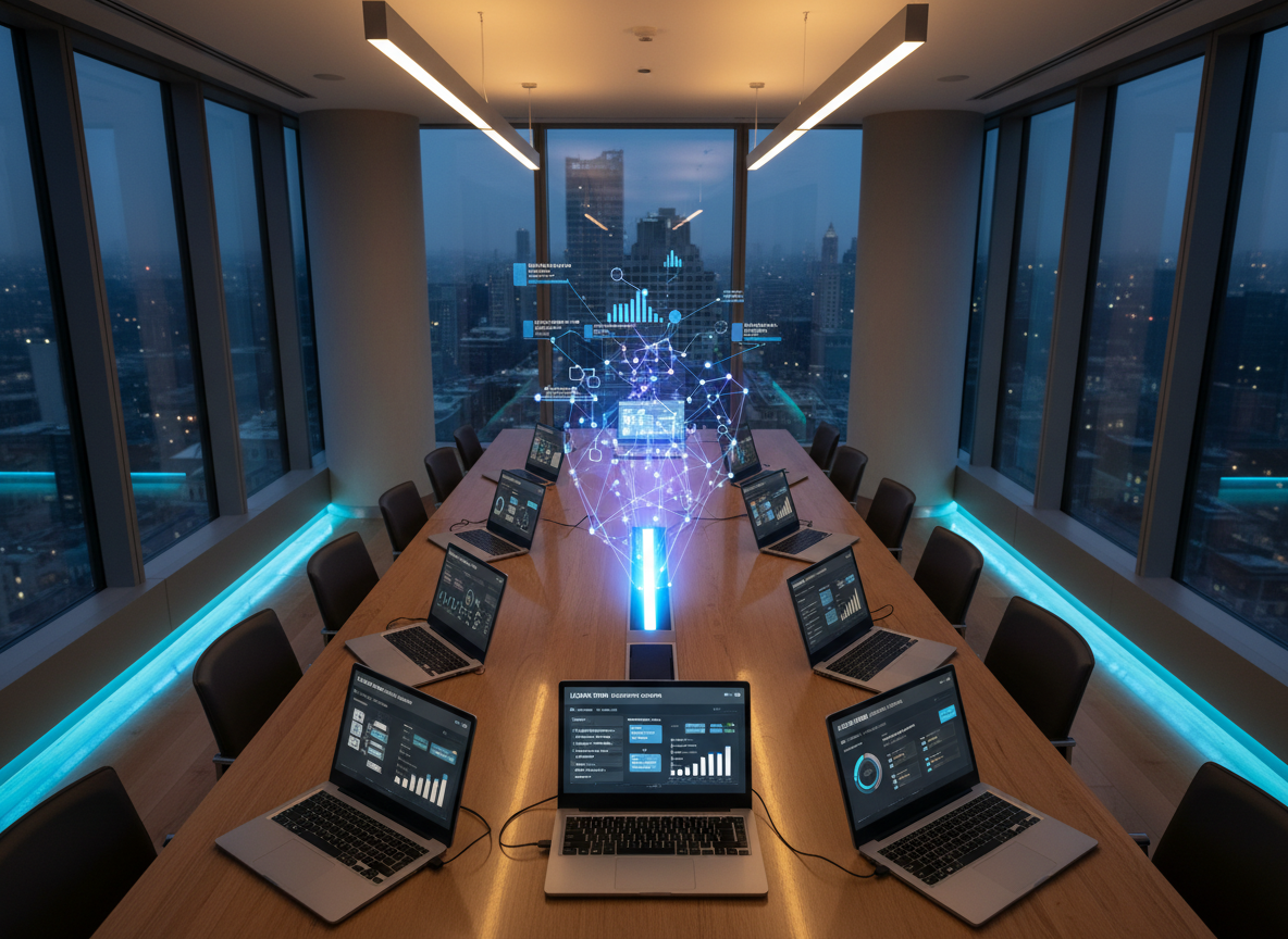 A long, polished oak table in a technology-forward law firm strategy room is lined with open laptops and tablets, each showing different parts of a unified Lexsthen control center: workflow automation builders, intake pipelines, predictive analytics charts, and resource allocation views. In the center, a holographic-style projection emerges from a slim device, visualizing the firm’s data as interconnected nodes and glowing paths between practice areas. Floor-to-ceiling windows reveal a soft city skyline at dusk, with cool blue ambient light blending with warm recessed ceiling lights. Shot from an overhead three-quarter angle in photographic realism, the composition emphasizes the table and central projection, creating a dynamic, forward-looking mood that suggests coordinated collaboration without showing any people.