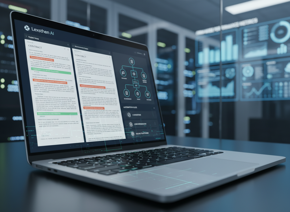 A narrow focus on a thin, brushed-aluminum laptop keyboard in a modern legal tech hub, with the screen slightly angled away, revealing an AI-powered document review interface. Color-coded highlights mark clauses and risks across multiple panels, while a sidebar displays automation rules connecting the review to e-signature, CRM, and billing platforms. Reflections of softly animated data lines are faintly visible on the laptop’s metal surface. The background is an intentionally blurred mix of server racks behind glass and wall-mounted dashboards showing firm-wide performance metrics. Cool, diffused overhead lighting adds a subtle sheen to metal and glass. Photographic realism, shot from a low, close-up angle with strong depth of field falloff, creates an intimate, focused, and precise atmosphere that embodies Lexsthen’s analytical power.
