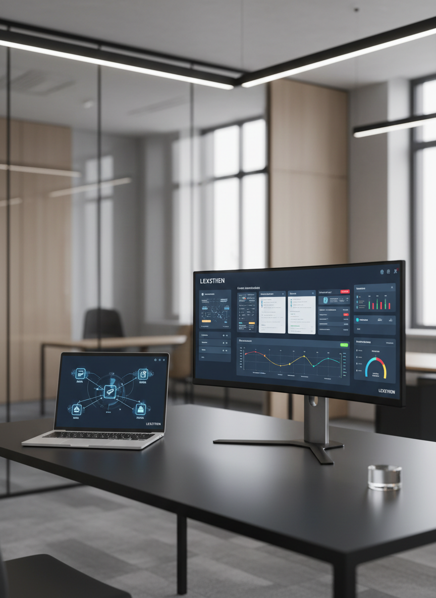 An elegant corner of a modern law firm workspace features a large curved monitor on a matte black desk, showing an AI assistant interface summarizing complex case information into organized cards, timelines, and risk indicators. Nearby, a thin laptop displays synchronized task automations connecting email, document management, and billing tools via glowing lines and icons. The background reveals a blurred, open-plan office with glass partitions and muted neutral tones. Soft overhead LED lighting and diffused window light create gentle highlights on metal and glass surfaces. Captured at eye level in photographic realism with a shallow depth of field, the atmosphere feels calm, efficient, and intelligent, emphasizing how Lexsthen quietly orchestrates workflows in the background.